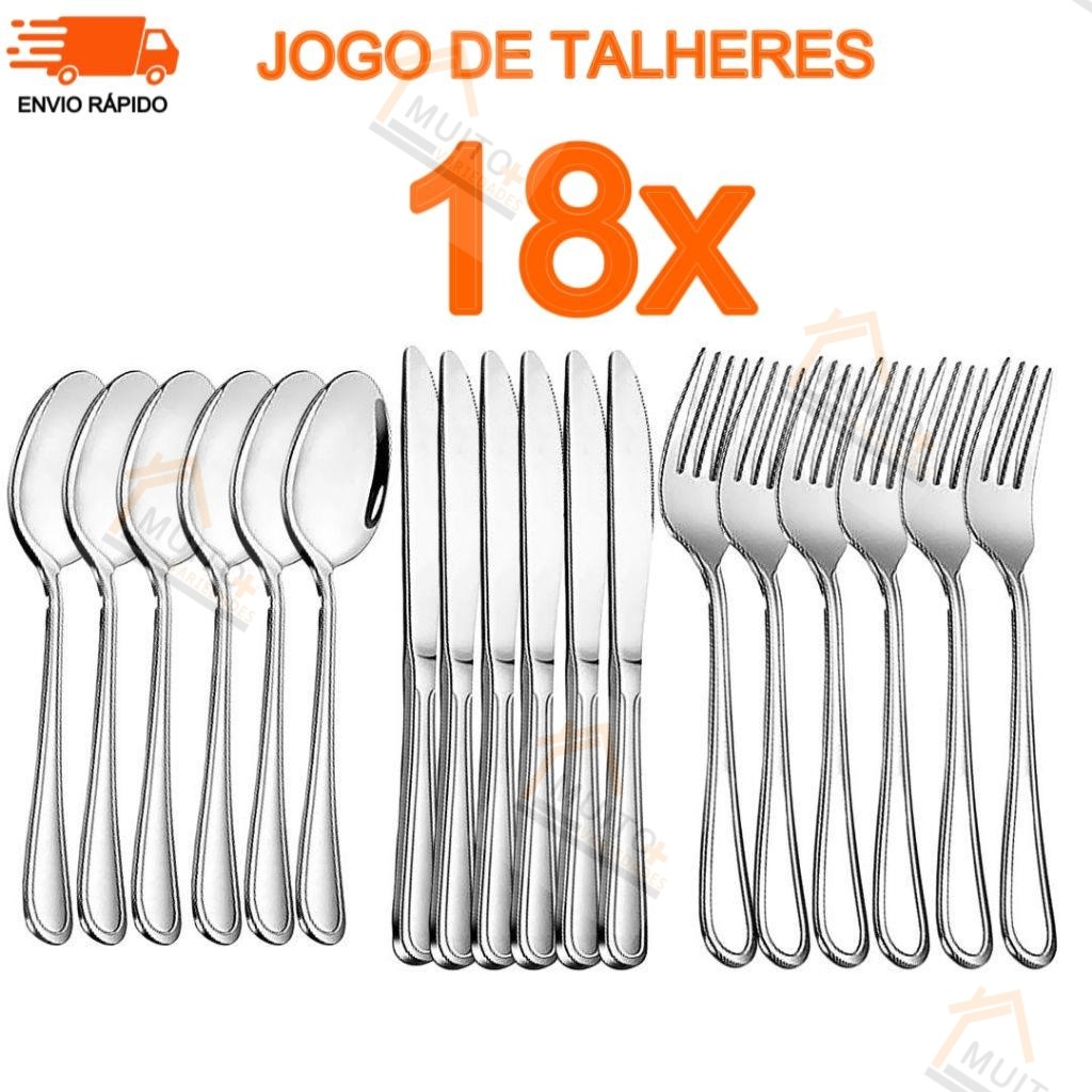 Imagem Kit Jogo de Talheres 18 Peças em Aço Inox Garfo Colher Faca Linha Profissional Casa Cozinha Buffet