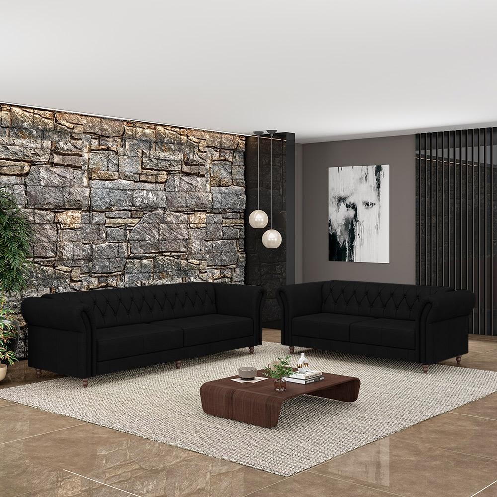 Imagem Conjunto de Sofá Sala de Estar Stanford Chesterfield 2 e 3 Lugares 180cm/260cm Pés Madeira Couro Preto G58 - Gran Belo