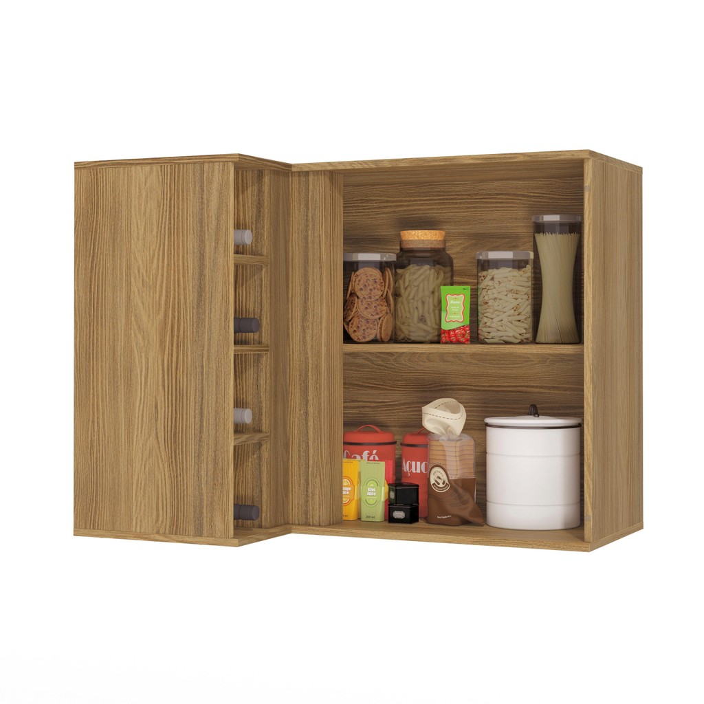 Detalhes do Armário Aéreo de Canto Reto Celeste Kappesberg 100% MDF 1 Porta 4 Nichos Nogueira/Branco 98cm