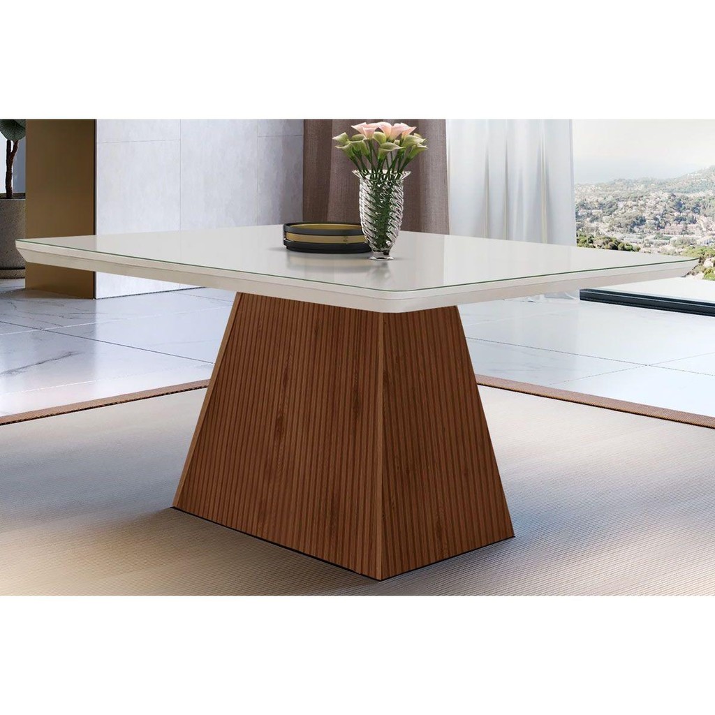 Mesa de Sala Jantar Luna c/Tampo Madeirado Vidro Canto Curvo 120x80cm Off White/Imbuia Ripado 3D - Vidro Off White - Rufato