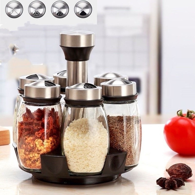 Porta Condimentos e Temperos saleiro Cozinha Giratório Suporte 6 Potes em Vidro Porta Tempero Condimento Inox Suporte + Suporte Giratório-envio imediato