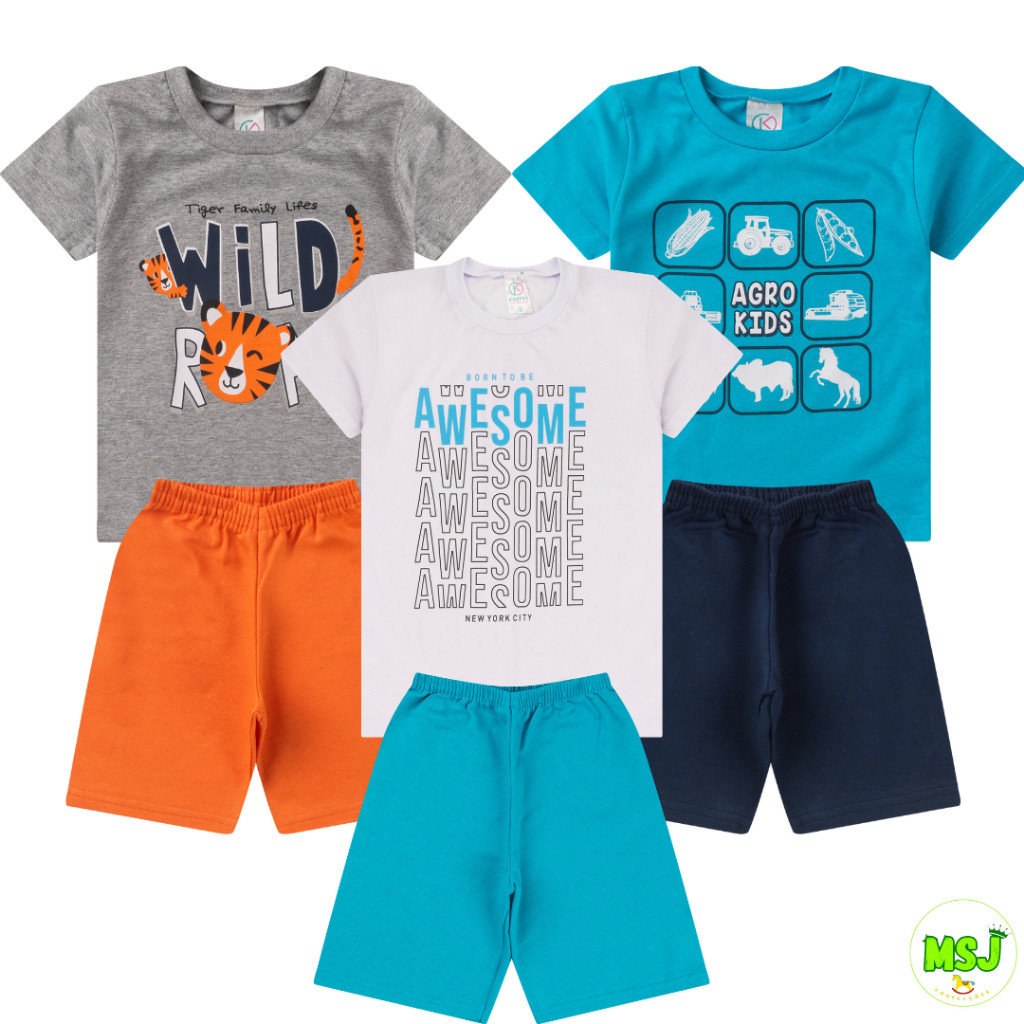Kit 6 peças Sortido Roupa Infantil Menino Conjunto Masculino 3 Camisetas + 3 Bermudas Infantil Meninos Primavera Verão 1a 14 anos Confortável
