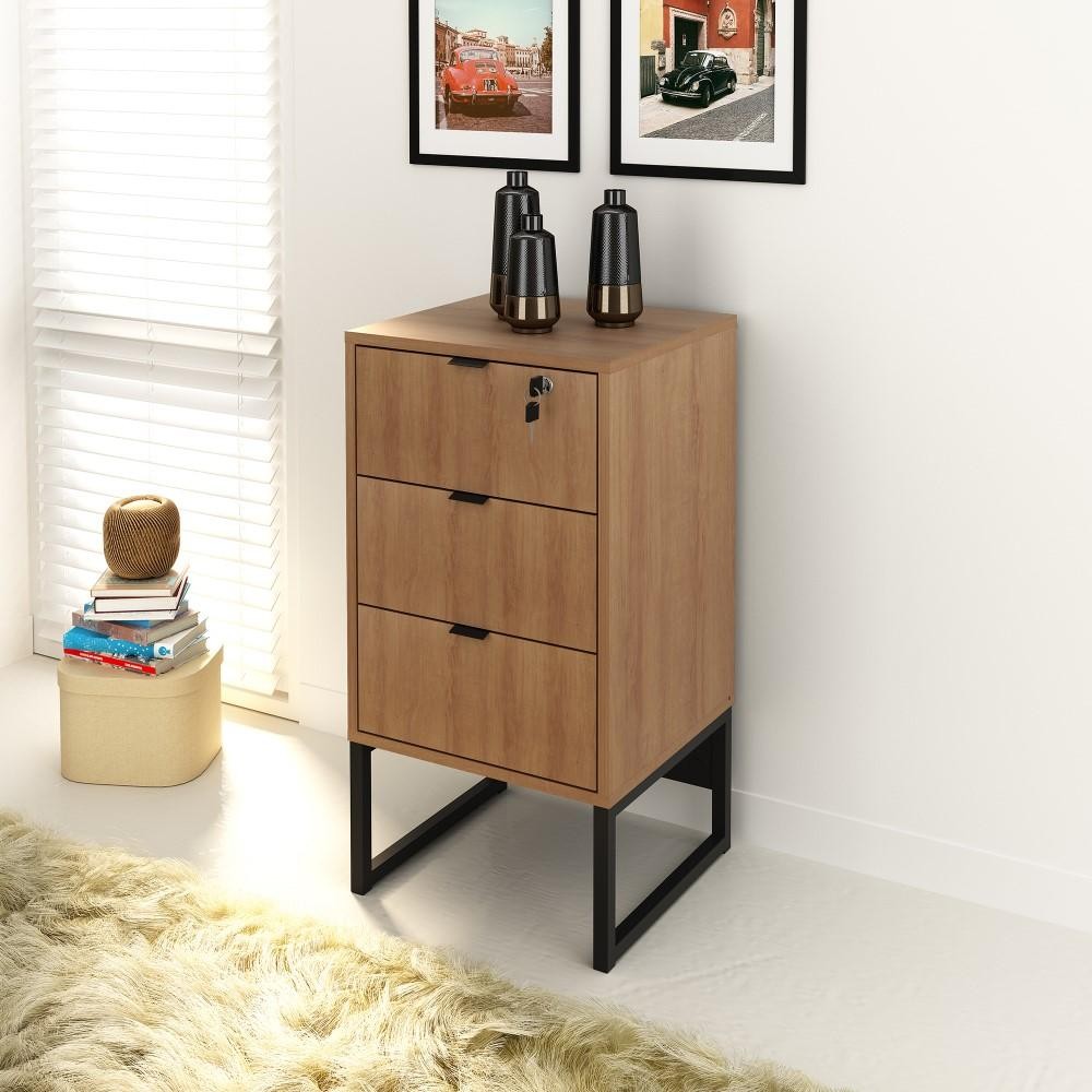 Gaveteiro Gabinete Balcão 3 Gavetas Com Chave Escritório Marrom Preto em Oferta na Shopee