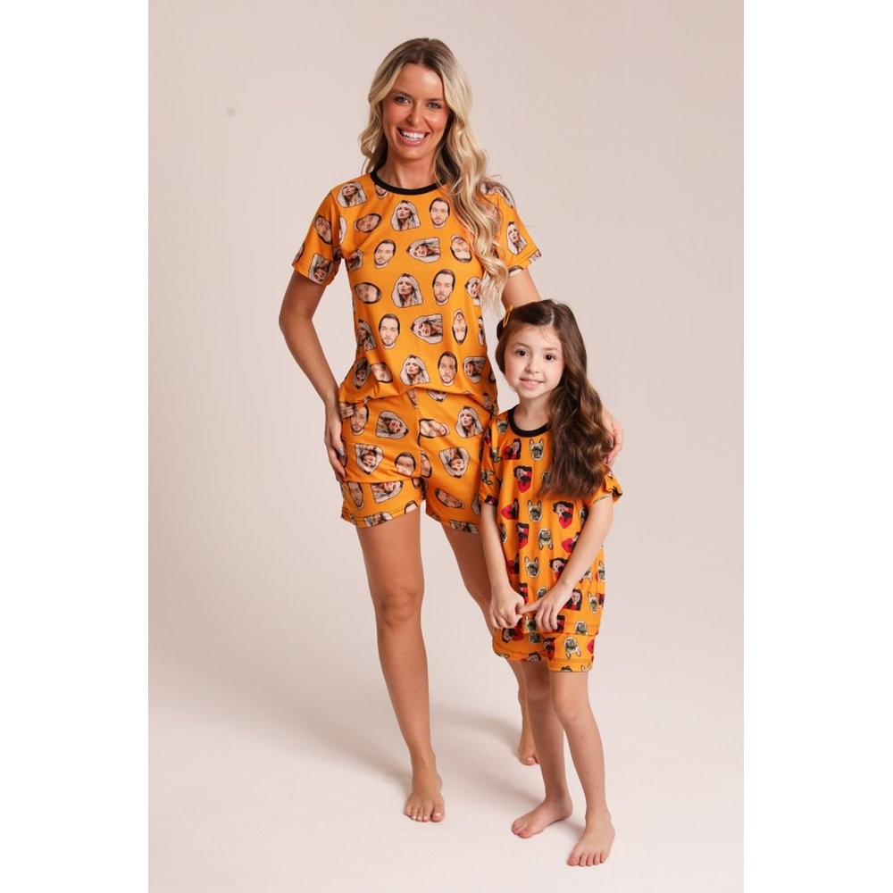 Conjunto Pijama Personalizado Kit Tal Mãe, Tal Filha(o) - Pijama Feminino Adulto e Infantil Customizável -  Laranja