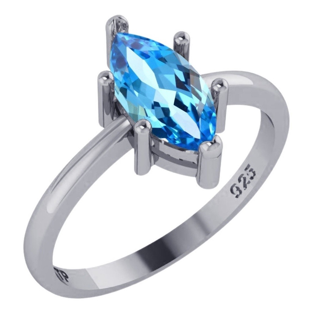 Anel Navete Azul Topázio - Prata 925 Solitário - Exclusivo