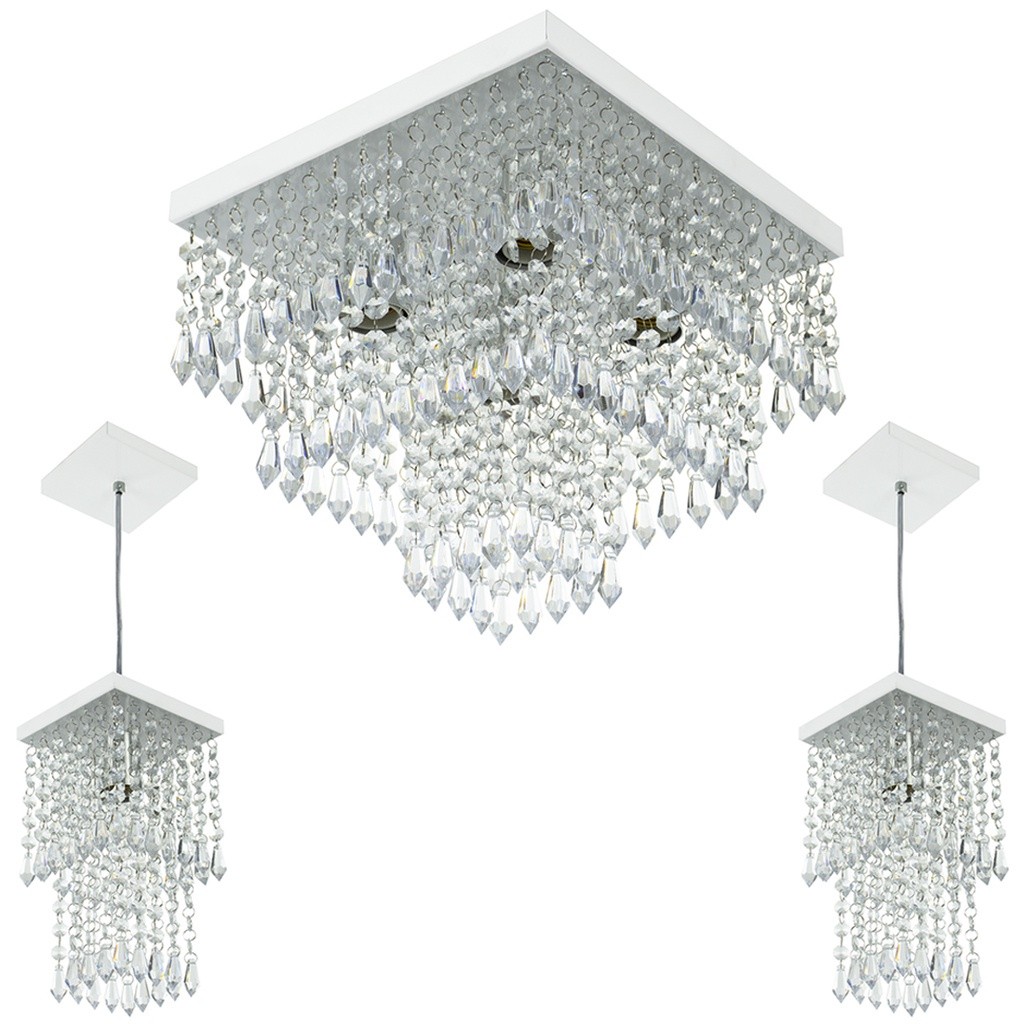 Kit 1 Lustre Cristal Acr. Sweet + 2 Pendentes Spark Branco