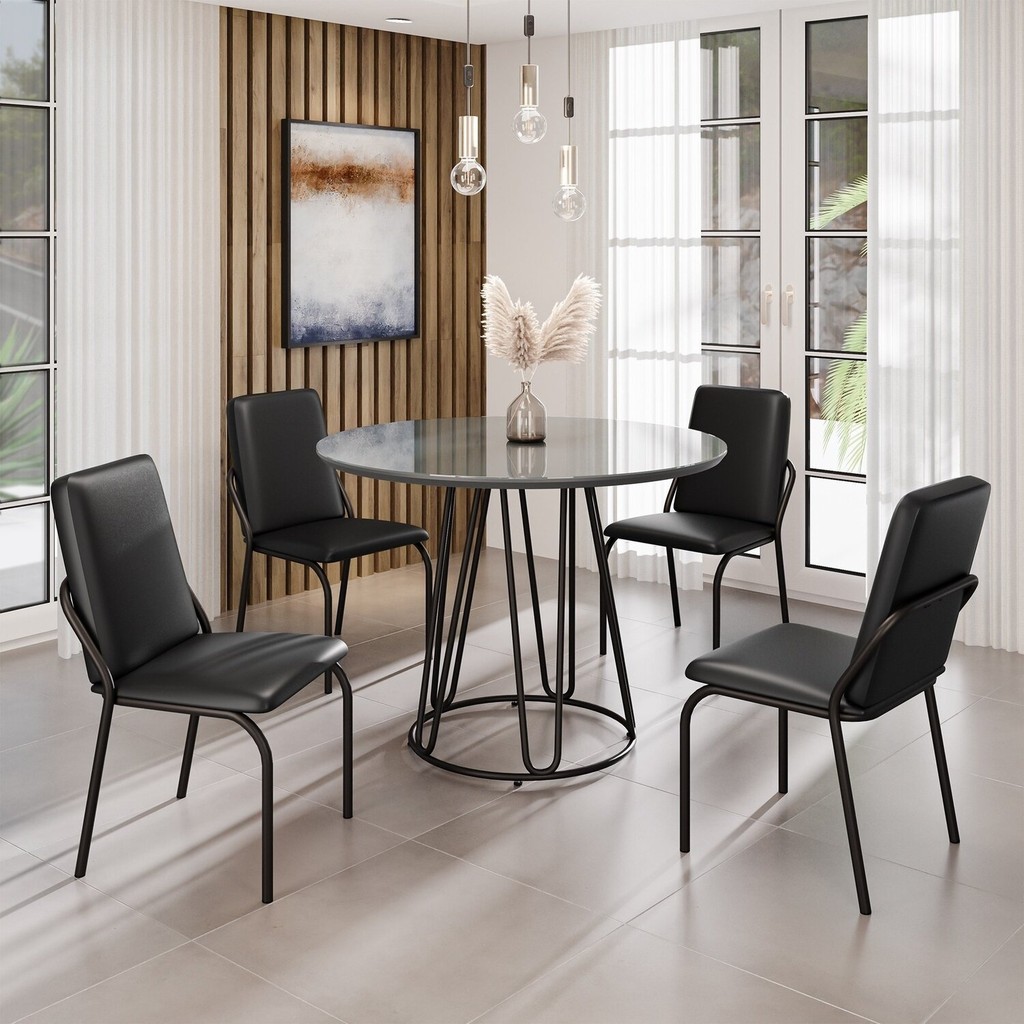 Conjunto Sala de Jantar Mesa Redonda 100cm Base Omega Tampo Mdf Laca com Vidro Malibu Preto - Home & Living