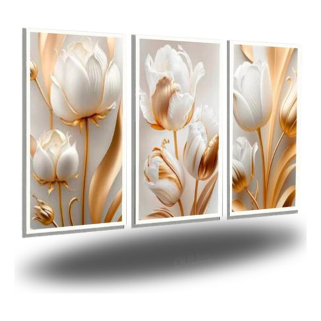 KIT 3 Quadros Decorativos Sala Flores Tulipas Brancas Gold Flor 4k  120*60CM em Oferta na Shopee