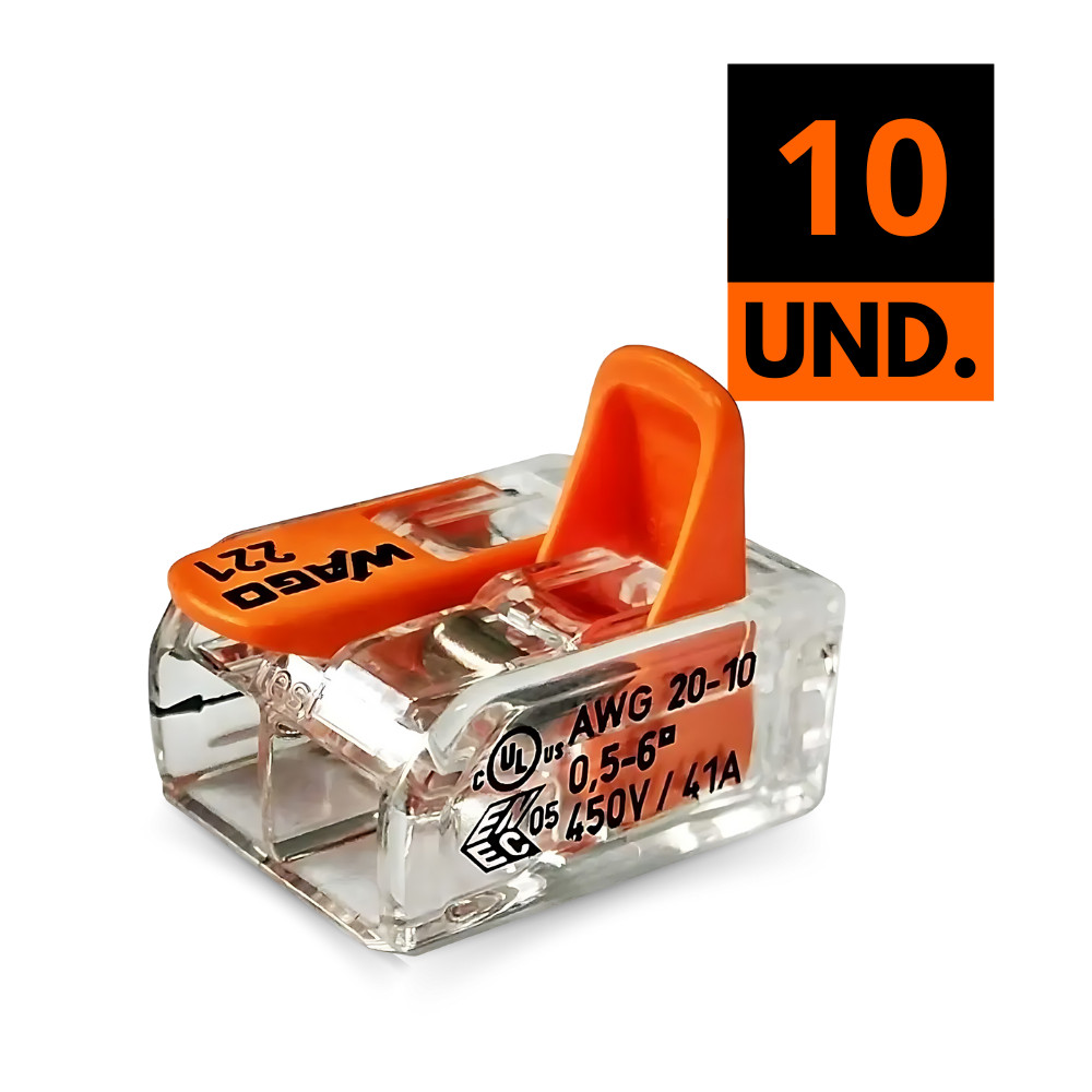 Kit 10 Conector Emenda Para Fios Elétrico Chuveiro 2 Polos Flexível 0,5 – 6,0 mm² 41A Wago