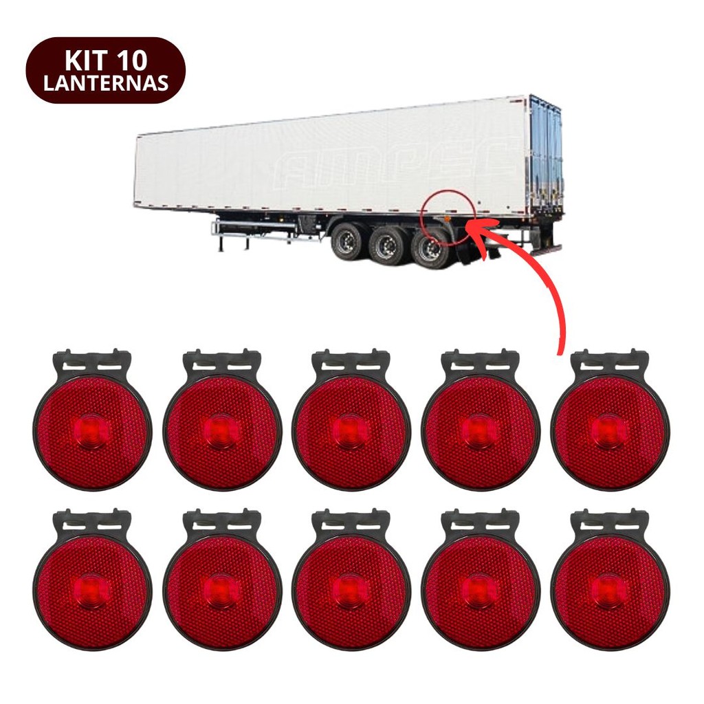 Kit 10 Lanterna Lateral LED Para Carreta Caminhão Trailer Reboque Com Suporte Vermelha P 65mm — imagem 2 de 2