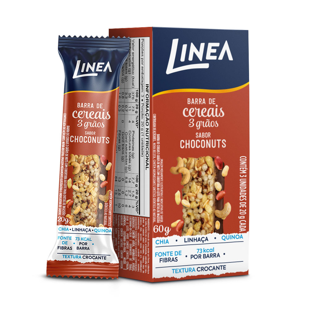 Detalhes do Kit 2 Caixas de Barra de Cereal 3 Grãos Integrais Linea Sabor Choconuts e Banana com Aveia 3 unidades de 20g