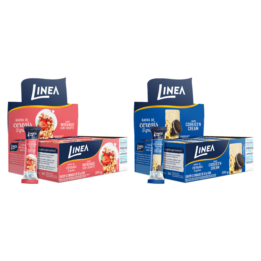 Kit 2 Caixas de Barra de Cereal 3 Grãos Integrais Linea Sabor Cookies’n Cream e Morango com Iogurte 12 unidades de 20g em Oferta na Shopee