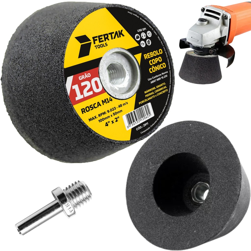 Rebolo Copo Cônico 100x50 Grão 120 Desbaste com Adaptador M14 para Esmerilhadeira Lixa Pedra Marcenaria Obra