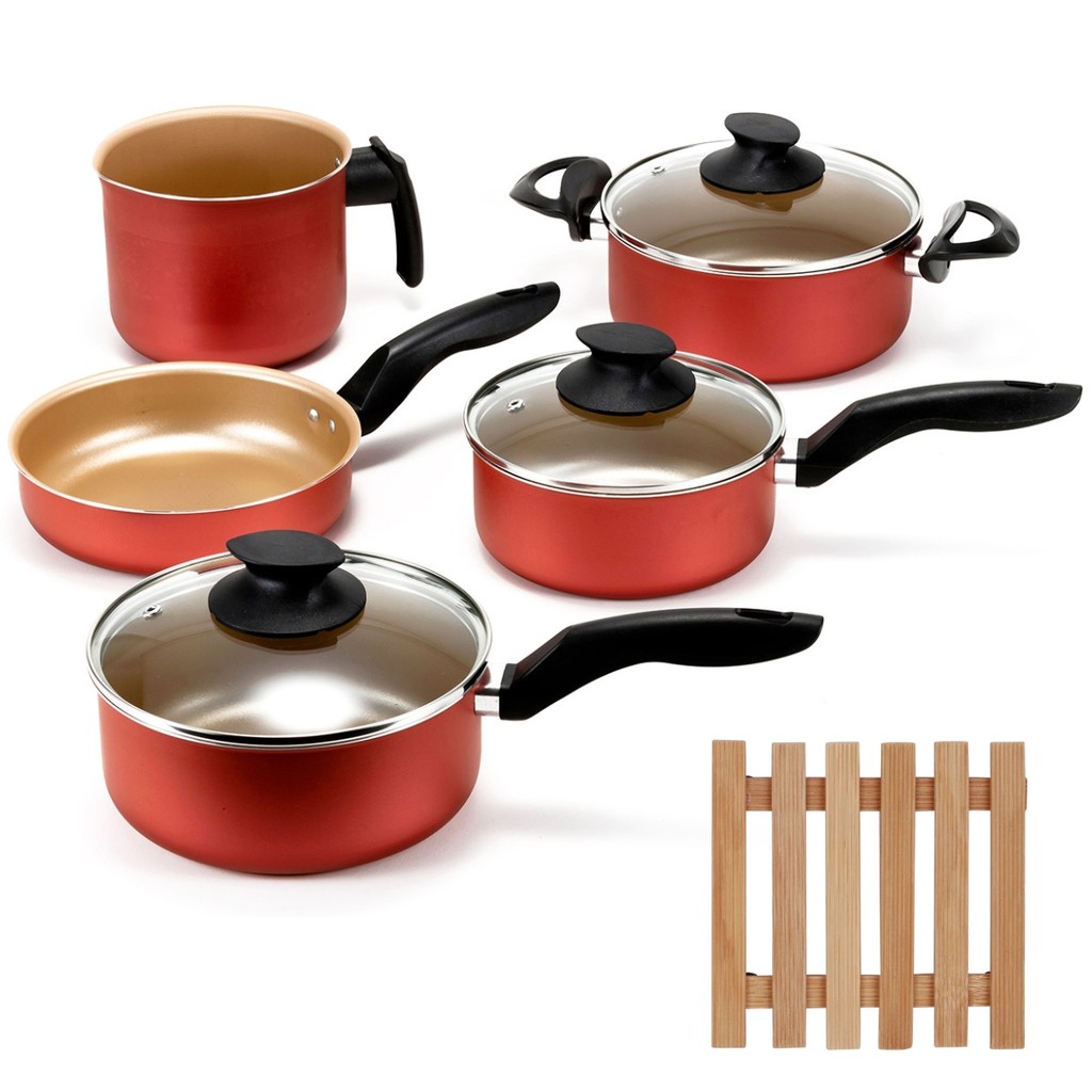 Kit Jogo de Panelas 5 Peças Antiaderentes com Tampas de Vidro e 5 Descansos de Panela Quadrado Madeira Cozinha