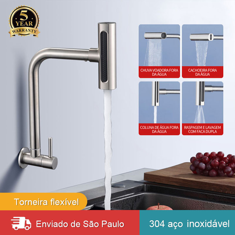 Torneira De Cozinha  Aço inox 304 montada na parede Rotação De 360 4 Tipos Cor Prata Escovado em Oferta na Shopee
