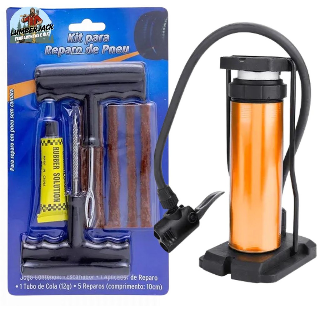Kit Reparo de Pneu sem Camara + Bomba de ar para Motos e Carros - Alta Qualidade em Oferta na Shopee