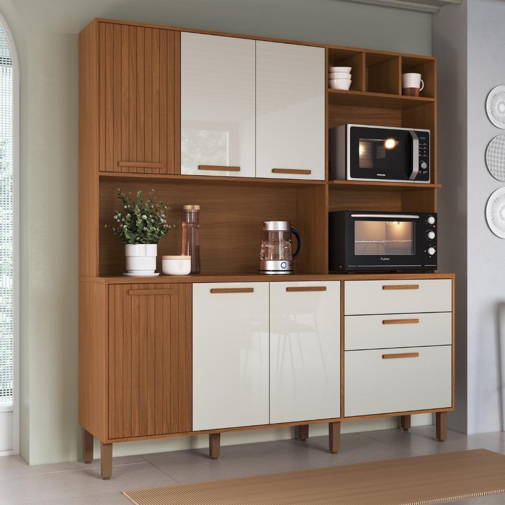 Armário De Cozinha Compacta Fidelitá Barcelona 180cm 7 Portas 2 Gaveta Com Tampo e Fundo Freijó/Off-White em Oferta na Shopee