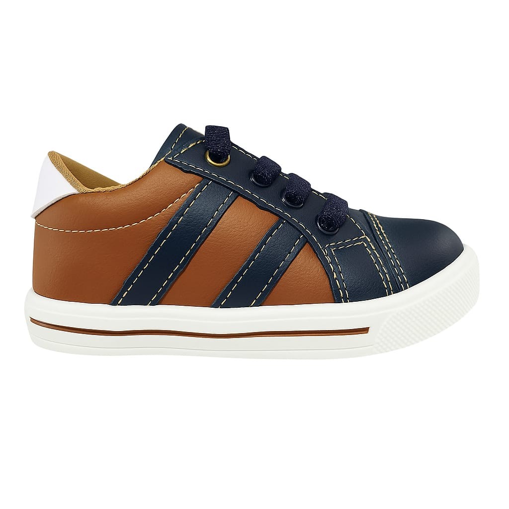 Tênis Infantil Masculino Casual Marrom Azul Cadarço Elástico Antiderrapante Confortável