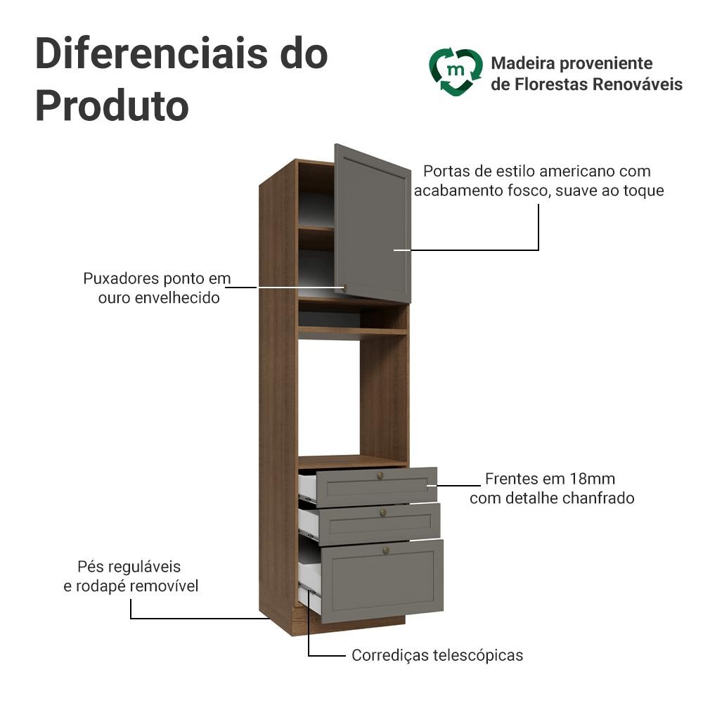 Torre Quente 60 cm 1 Porta 3 Gavetas Rustic/Cinza Vik Madesa