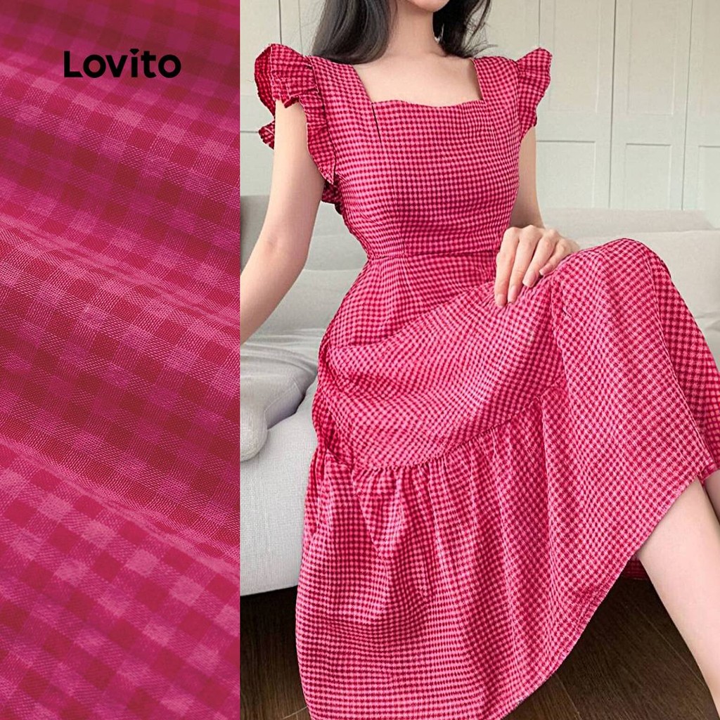 (Trendy) Lovito Vestido Elegante com Laço Nas Costas e Babados Na Barra Primavera/verão Vermelho Rosado L137LD144 - Women Clothes