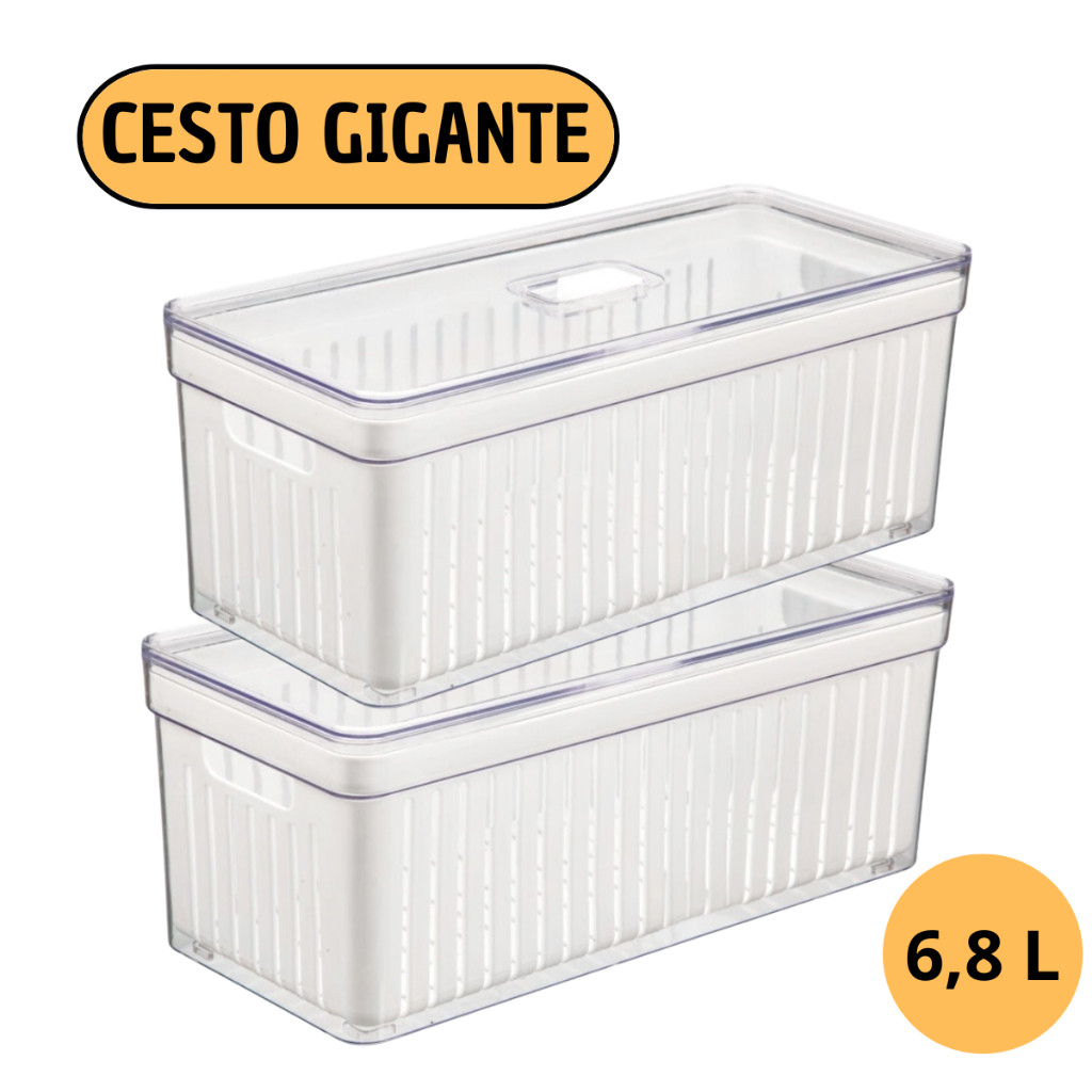 Kit 2 Organizador de Geladeira 6,8 Litros Cesto Com Tampa Multiuso Alimentos Verduras e Vegetais em Oferta na Shopee