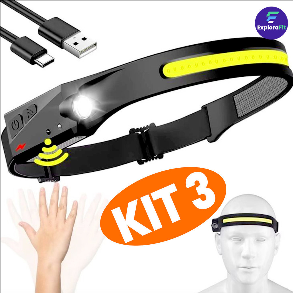 Imagem KIT 3 Lanterna de Cabeça Recarregável 3 Led Corpo Motion  Camping Torch Light Lamp Com Usb