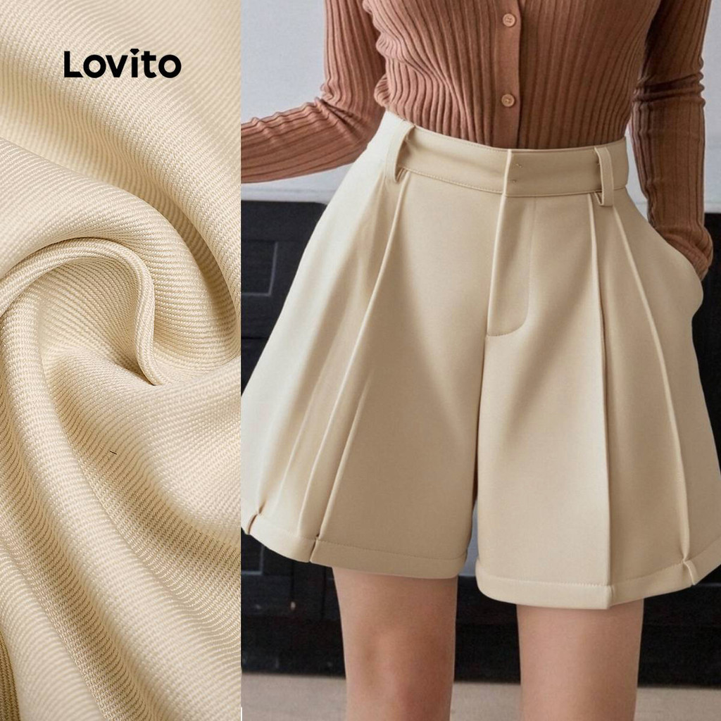 Lovito Shorts Elegantes com Pregas Estrutura de Linha Primavera/verão Shorts Off white para Mulheres LBL26212 em Oferta na Shopee