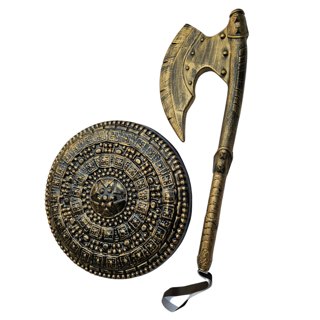 KIT C/2 MEDIEVAL ESCUDO E MACHADO GLADIADOR DOURADO