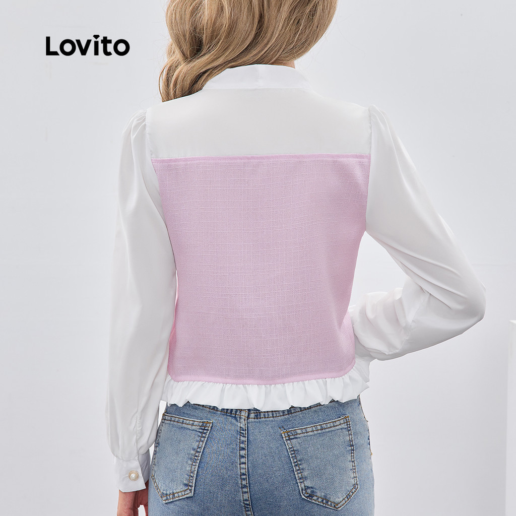 (Trendy) Lovito Elegante Blusa Rosa Com Costura Em Tecido Liso E Gola Para Mulheres LBL25073 - Women Clothes