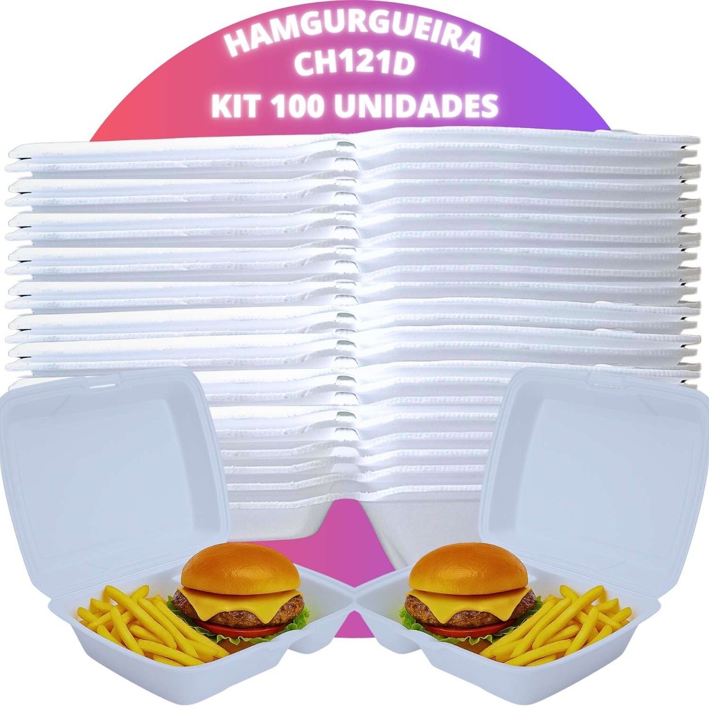 Hamburgueira De Isopor CH121D Grande Multiuso Lanchonte Com Divisória 100 Unidades