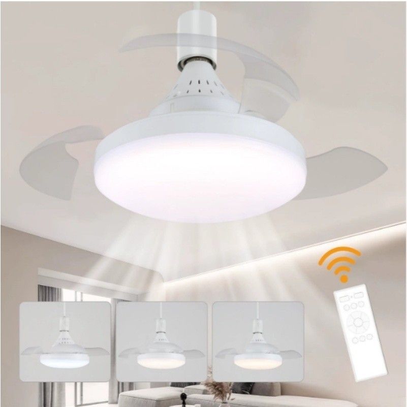 Ventilador De Teto Retrátil 120W Silencioso Lâmpada LED 3 Cores E27 Com Controle Bivolt Economia Energia Sala Quarto RY