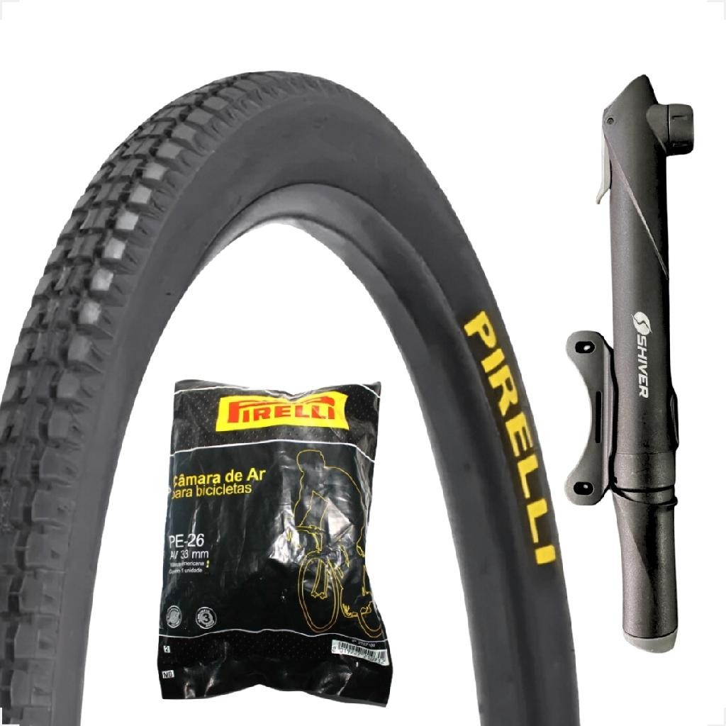 PNEU 26 X 1.1 / 2X2 PRIMOR PIRELLI + CAMARA BICICLETA BIKE + MINI BOMBA DE AR MANUAL  MONARK CALOI
