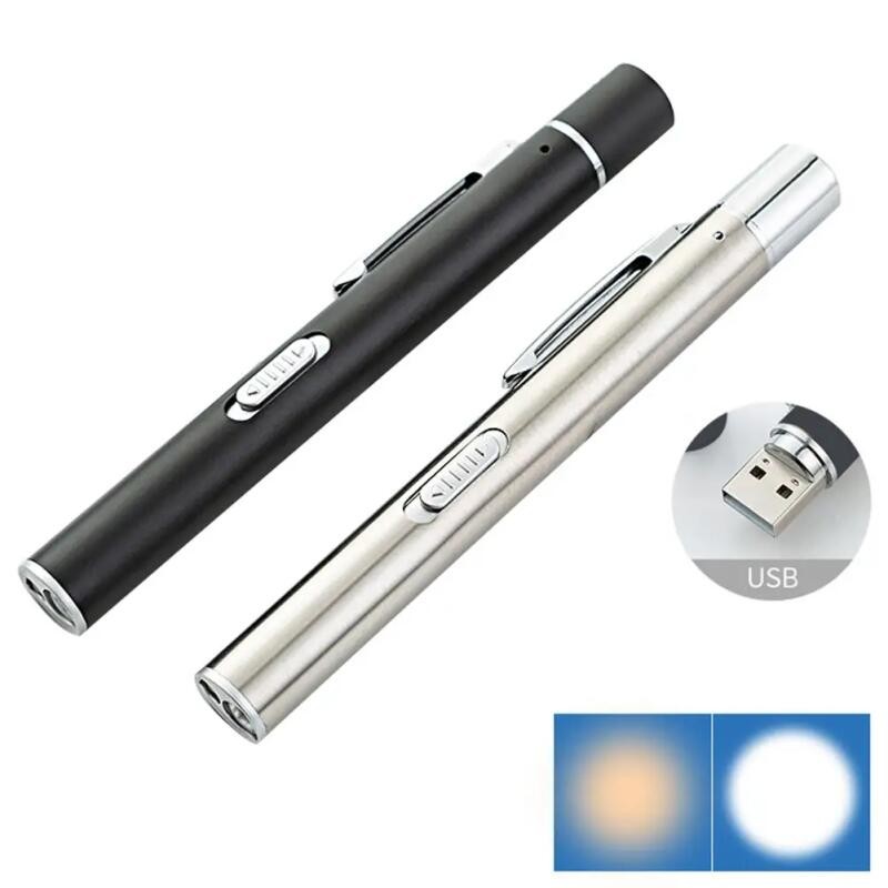 MIni Lanterna Led Caneta Luz USB Recarregável Tocha Lanternas Com Clipe De Lâmpada Dupla Bolso Aço Inoxidável Para Enfer