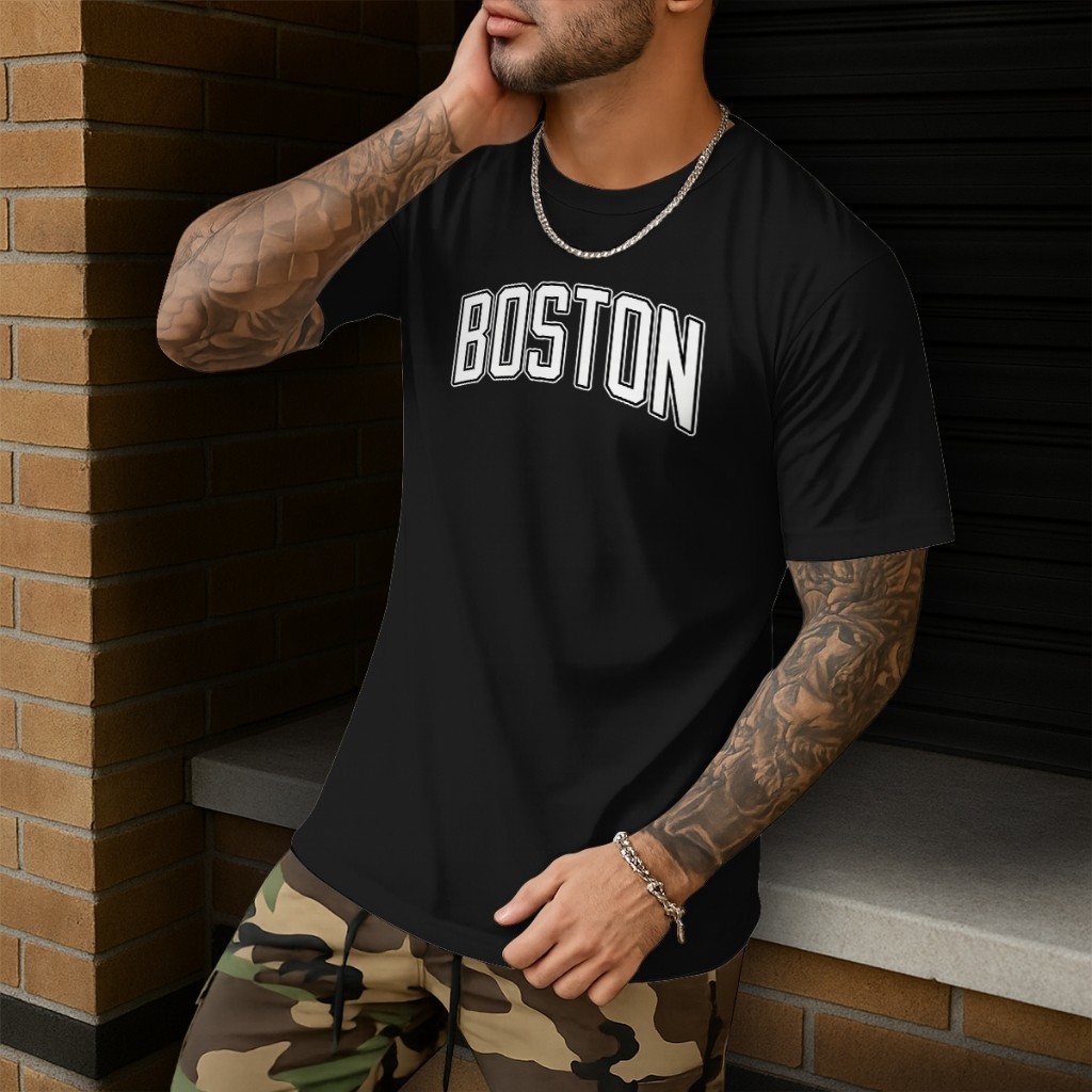 Camisa Camiseta De Algodão Unissex Preta Branca E Caqui Estampado Cidade Boston Letras Básica