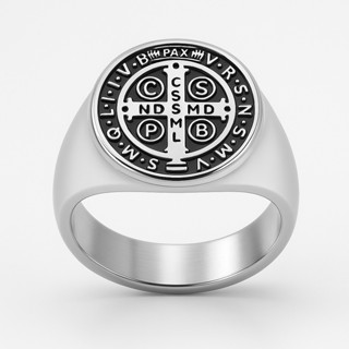 Anel São Bento Prata Religioso Estiloso Tendência Masculino Aço Inoxidável Antialérgico em Oferta na Shopee
