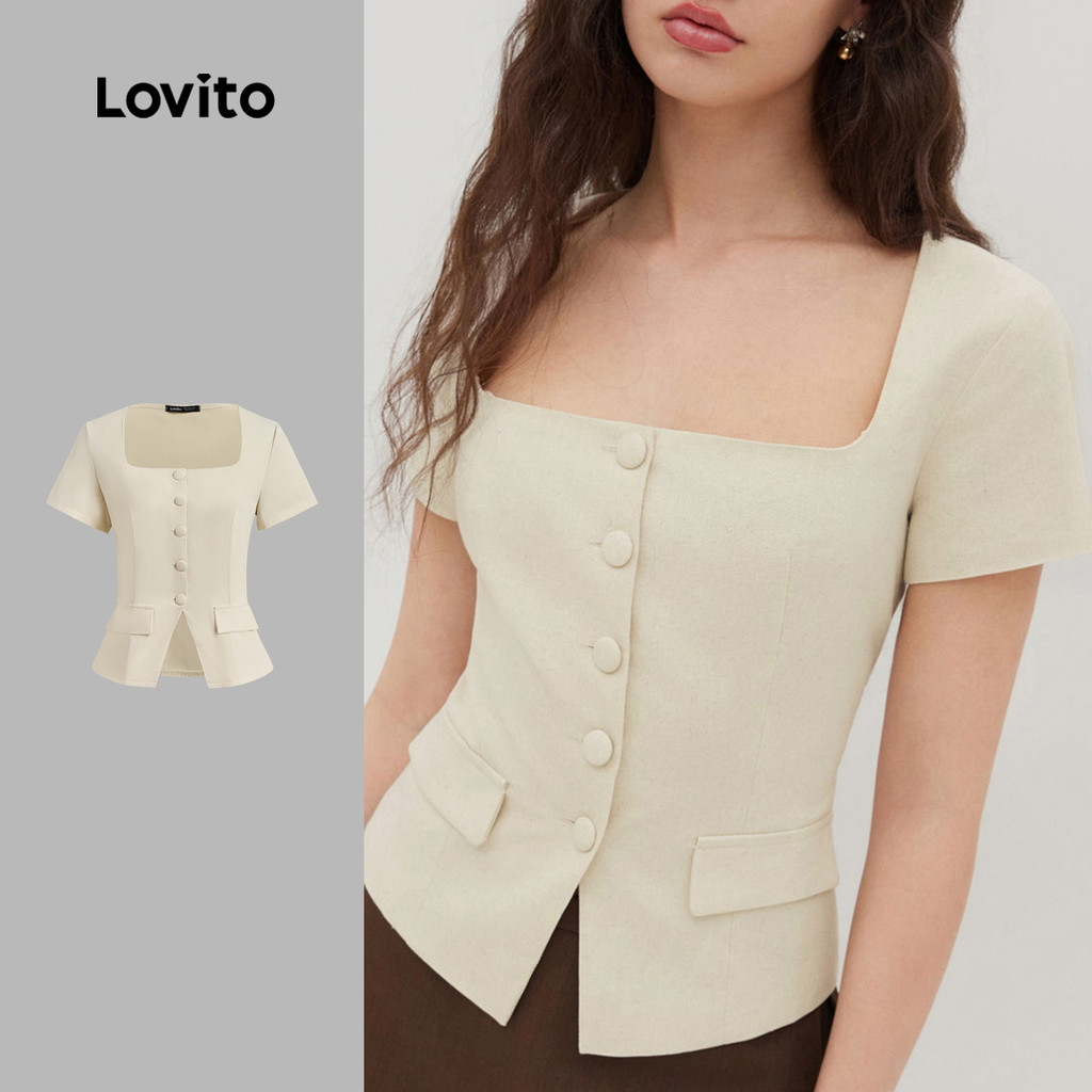 (New) Lovito Blusa Elegante com Botão  Bolsinho Falso  Primavera/verão  Blusa de Damasco para Mulheres L143AD1447 em Oferta na Shopee