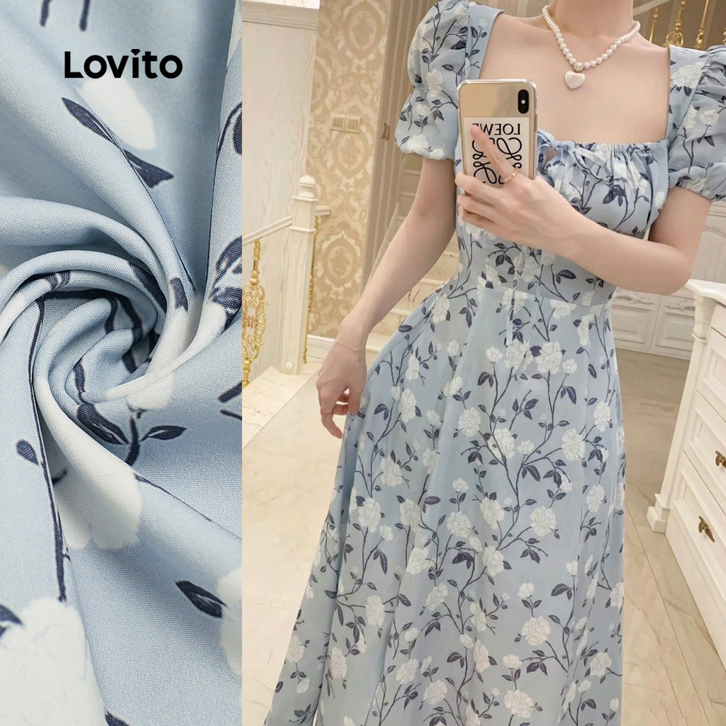 (New) Lovito Vestido Elegante de Renda com Cadarço para a Primavera/verão  Vestido Azul para mulheres LBL27378 em Oferta na Shopee