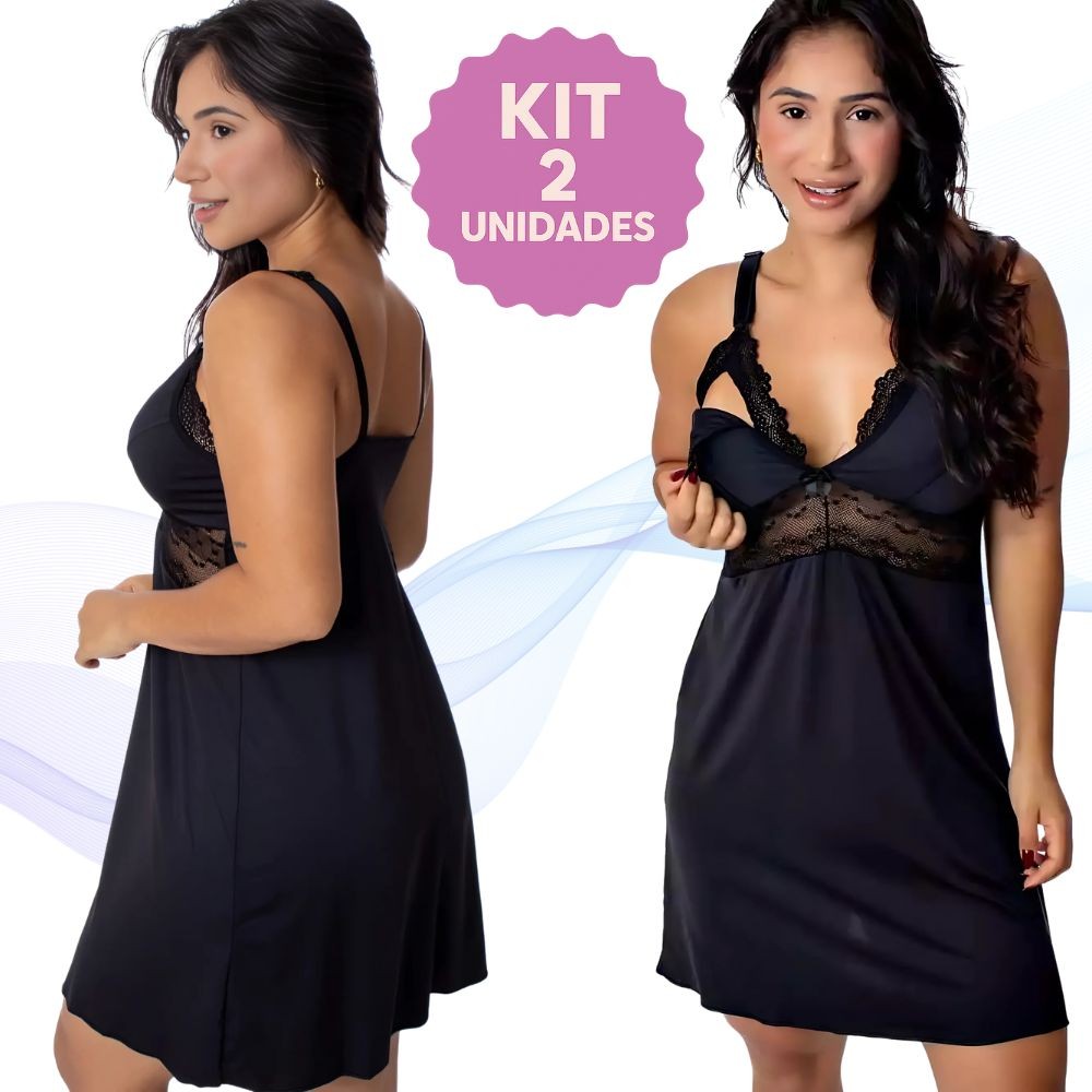 KIT 2 Camisolas Amamentação Pós Parto Gestante com Click Renda Alça Reforçada Larga Maternidade