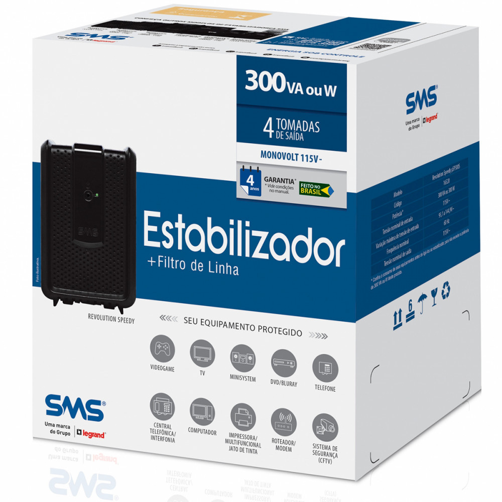 Detalhes do Estabilizador SMS Revolution Speedy 4 Tomadas 300VA 115V USP300S - 16520