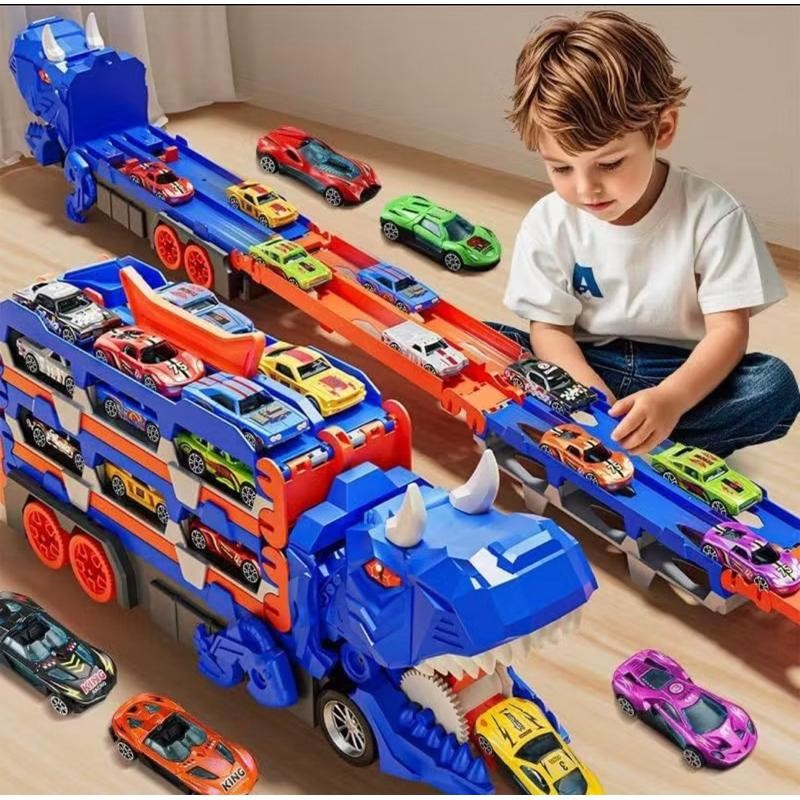 Caminhão Dinossauro 2 em 1 com Pista Lançadora e Carrinhos, Porta-Carrinhos Infantil com Garagem e Pista de Corrida