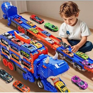 Caminhão Dinossauro 2 em 1 com Pista Lançadora e Carrinhos, Porta-Carrinhos Infantil com Garagem e Pista de Corrida