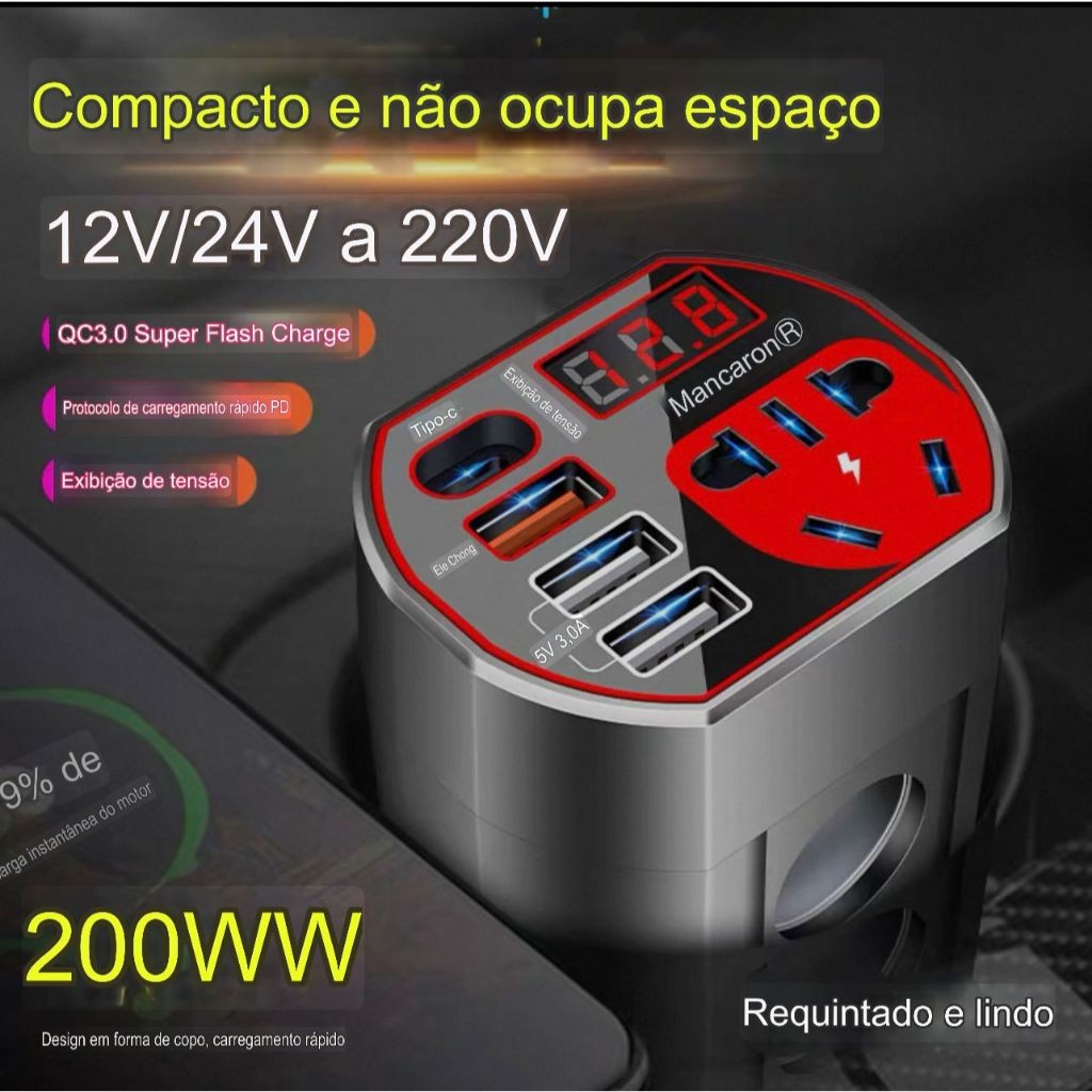 Tomada para Acendedor de Cigarro 6 em 1 USB Carregamento Rápido(QC 3.0 e FlashCharge), USB-C e Tomada110/220V para Carro
