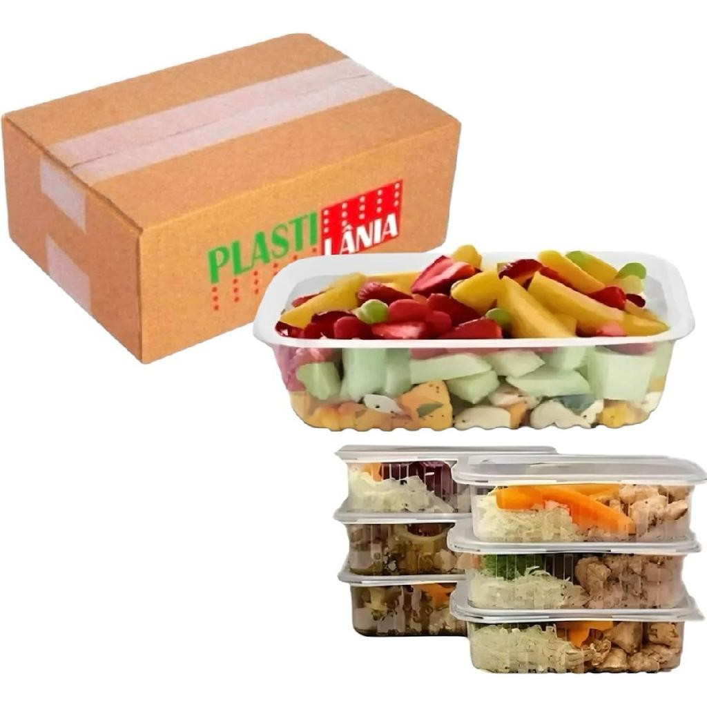 Kit 100Un Pote Retangular C/ Tampa Descart 350ml Freezer/Microondas Plastilânia