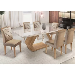 Mesa Alvorada 180 Tp Mdf Vidro Canto Reto 6 Cadeiras