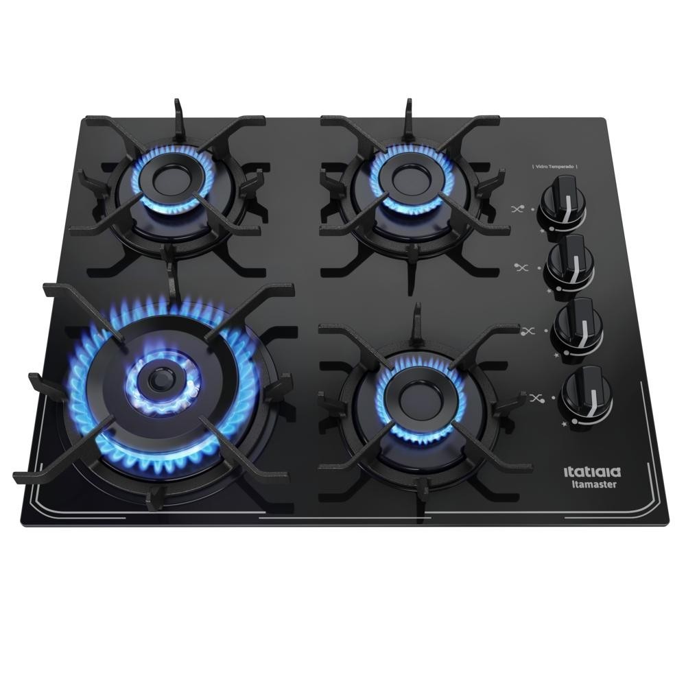 Fogão Cooktop 4 Bocas a Gás Itamaster Itatiaia Bivolt Tripla Chama Trempe Ferro Aço e Mesa de Vidro