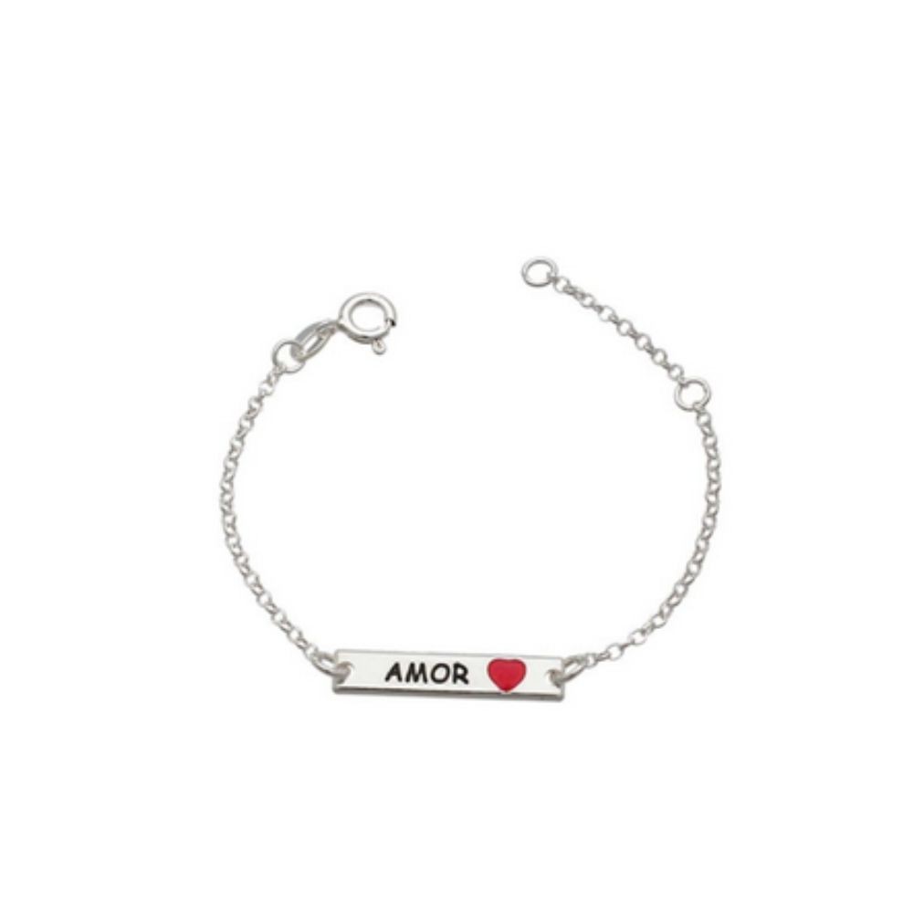 Pulseira infantil plaquinha amor coração resinado vermelho prata 925