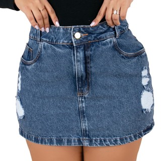Saia Jeans Plus Size Barra Feita Feminina Cintura Alta