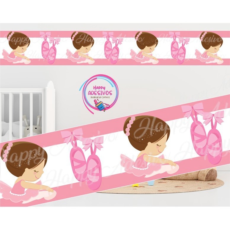 Faixa Adesiva Decorativa Parede Adesivo Infantil Bailarina Ballet Sapatilha Rosa Menina Baby DCM