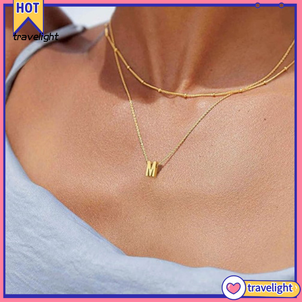 Monogram Pendant Clavicle Necklace Stylish Double-layer Letter for Women Adjustable Stainless Steel Jewelry with Extended Chain for Ladies