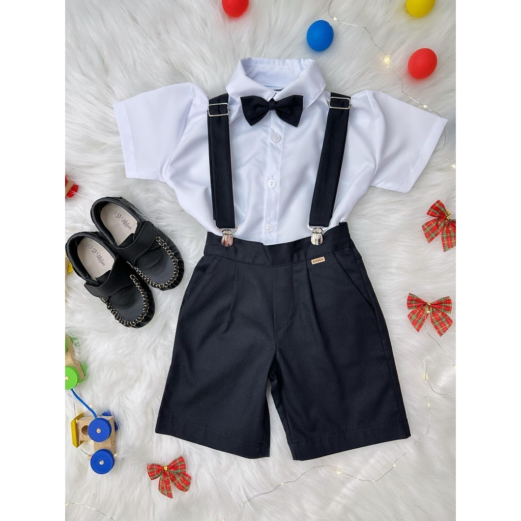Conjunto Social Para Formaturas Pajem Príncipes Camisa Gravata Short Com Suspensório Preto